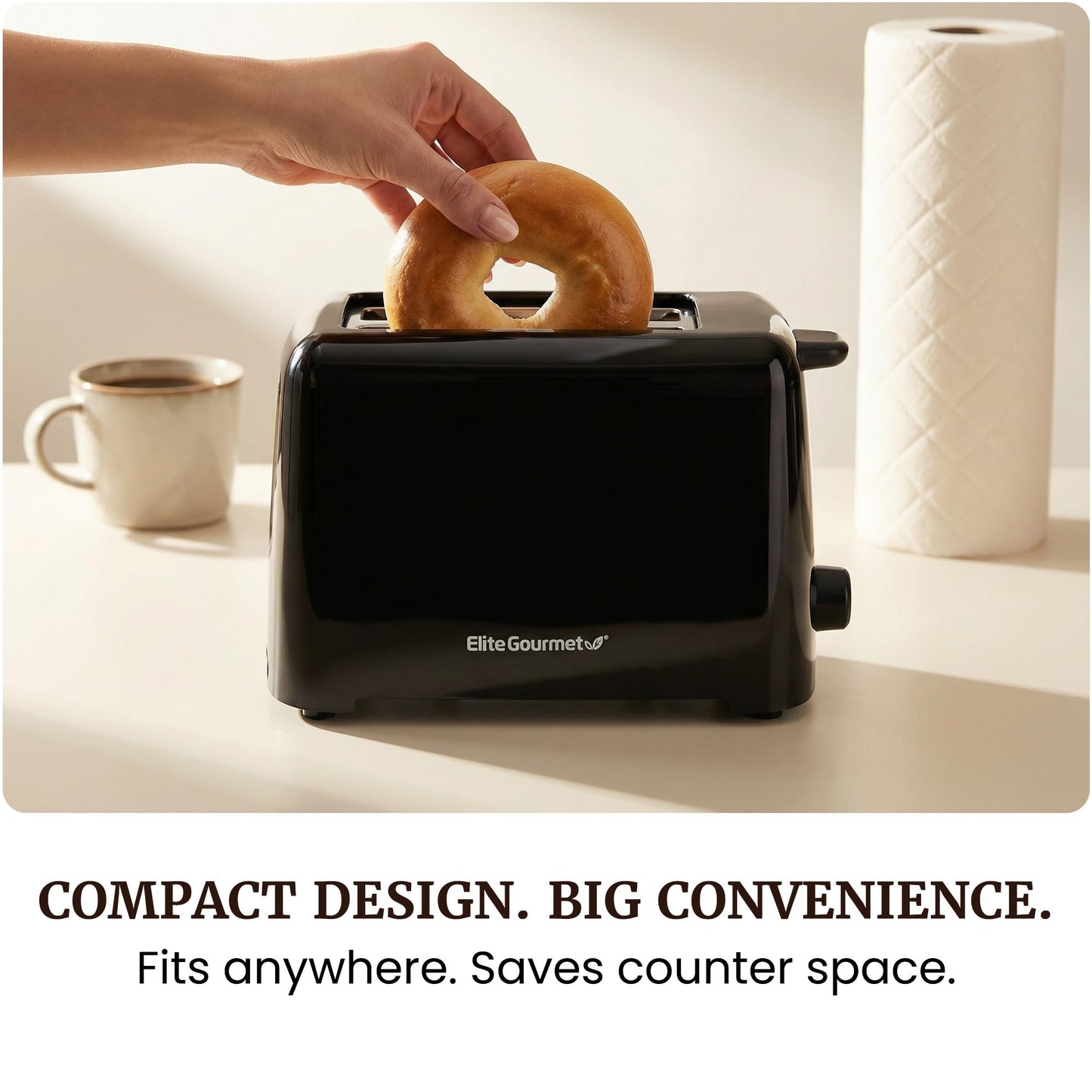 Elite Gourmet 2-Slice Cool Touch Toaster – 6 Browning Levels, Extra Wide 1.25” Slots for Bagels & Thick Bread, Cancel Function, Compact, ETL Certified, Black