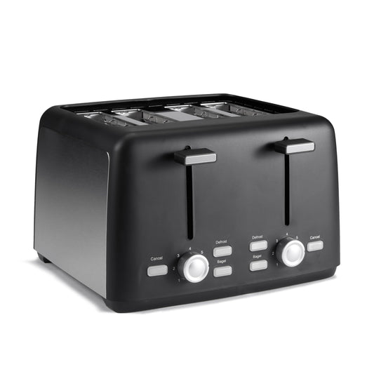 Amazon Basics 4 Slice Toaster, 7 Browning Settings, Extra Wide Slots for Bagels and Specialty Breads, Removable Crumb Tray, Cancel/Defrost/Bagel Buttons, 1500W, Black & Silver