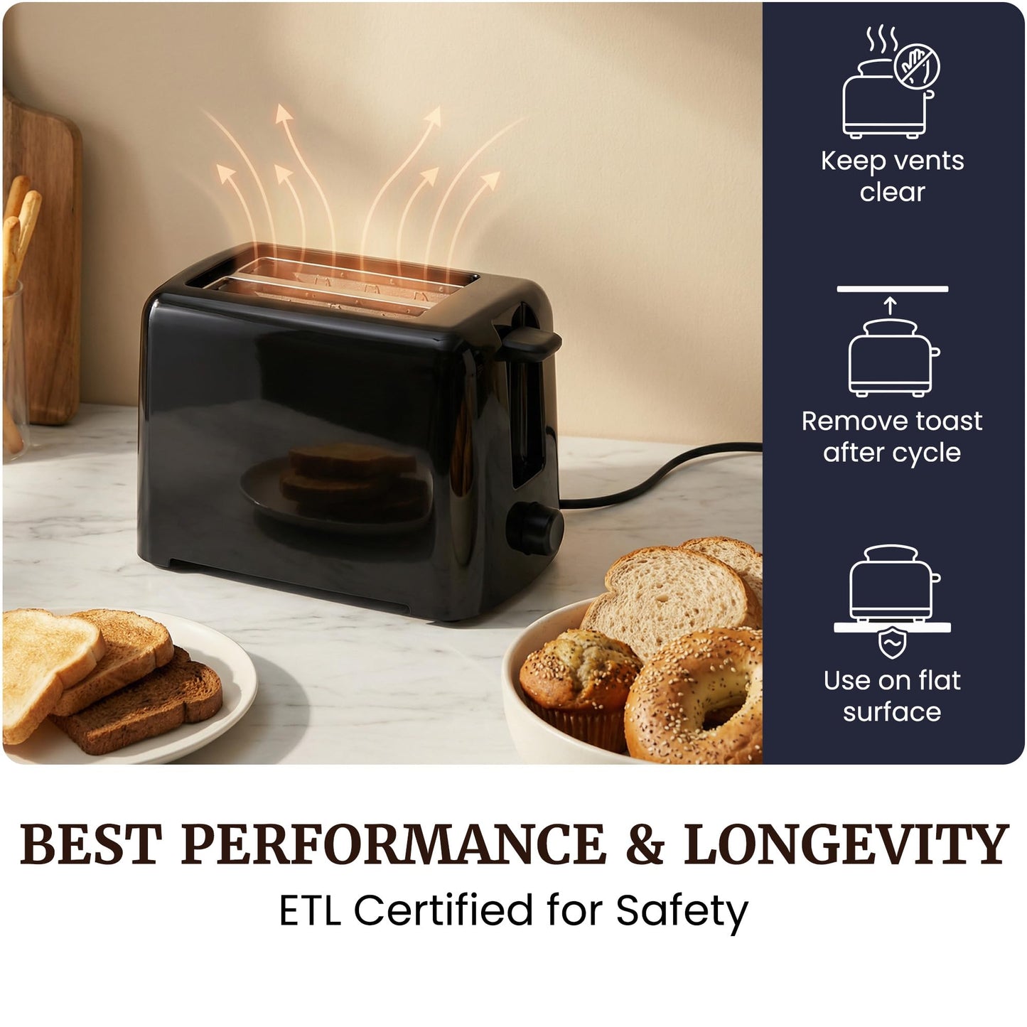 Elite Gourmet 2-Slice Cool Touch Toaster – 6 Browning Levels, Extra Wide 1.25” Slots for Bagels & Thick Bread, Cancel Function, Compact, ETL Certified, Black