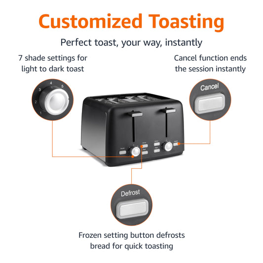 Amazon Basics 4 Slice Toaster, 7 Browning Settings, Extra Wide Slots for Bagels and Specialty Breads, Removable Crumb Tray, Cancel/Defrost/Bagel Buttons, 1500W, Black & Silver