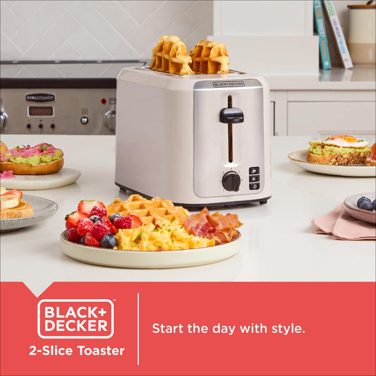 BLACK+DECKER 2-Slice Toaster, Extra-Wide Slots, 7 Shade Settings, Bagel & Frozen Functions, Removable Crumb Tray, Baked Stone