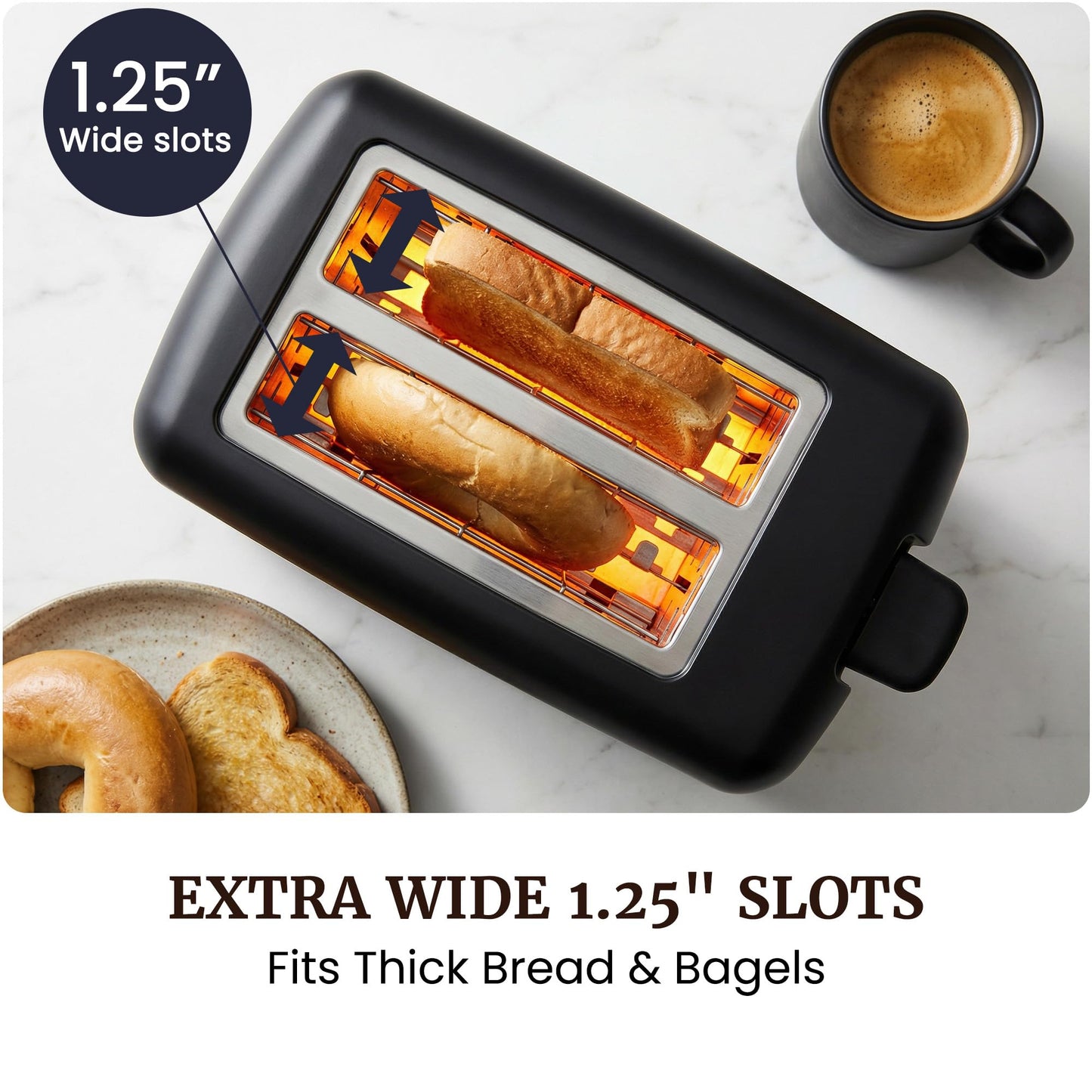 Elite Gourmet 2-Slice Cool Touch Toaster – 6 Browning Levels, Extra Wide 1.25” Slots for Bagels & Thick Bread, Cancel Function, Compact, ETL Certified, Black
